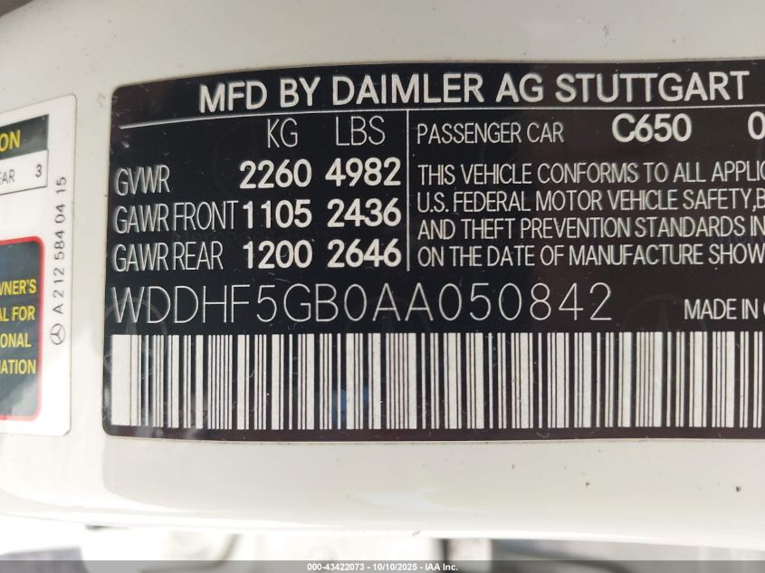 2010 Mercedes-Benz E 350 VIN: WDDHF5GB0AA050842 Lot: 43422073