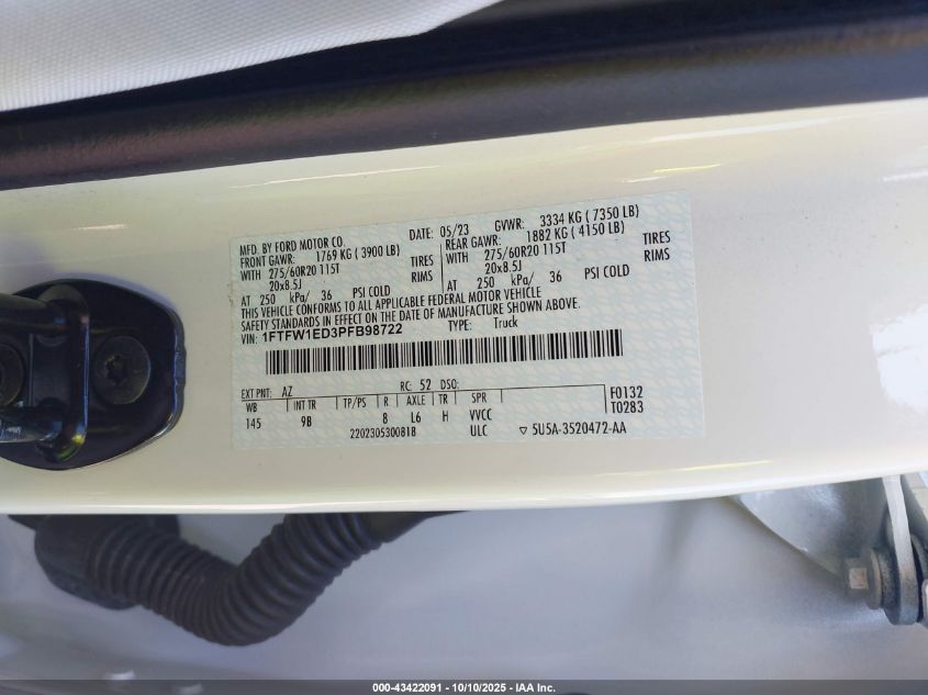 2023 Ford F-150 Platinum VIN: 1FTFW1ED3PFB98722 Lot: 43422091