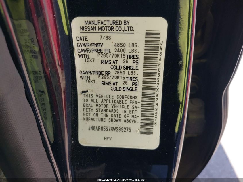 1999 Nissan Pathfinder Le/Se/Xe VIN: JN8AR05S7XW299275 Lot: 43422094