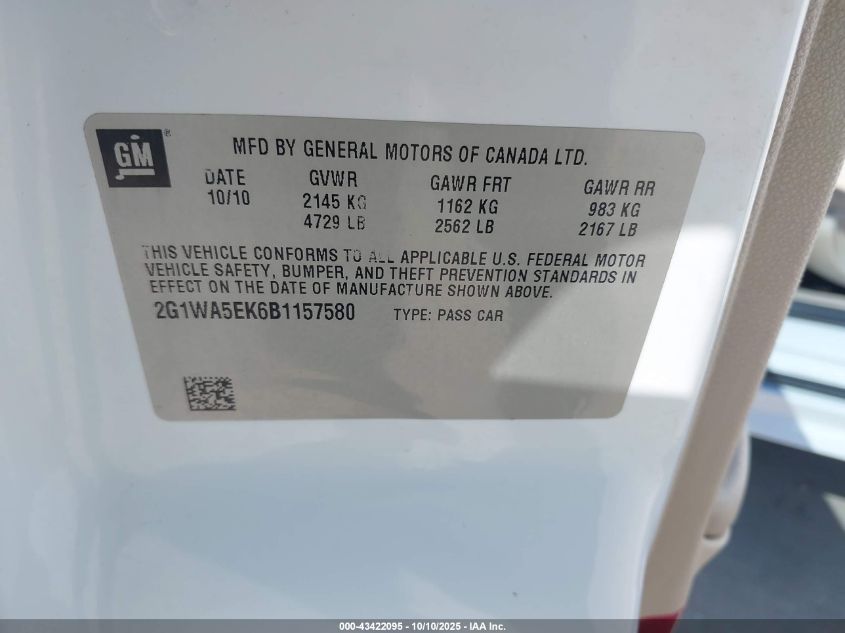 2011 Chevrolet Impala Ls VIN: 2G1WA5EK6B1157580 Lot: 43422095