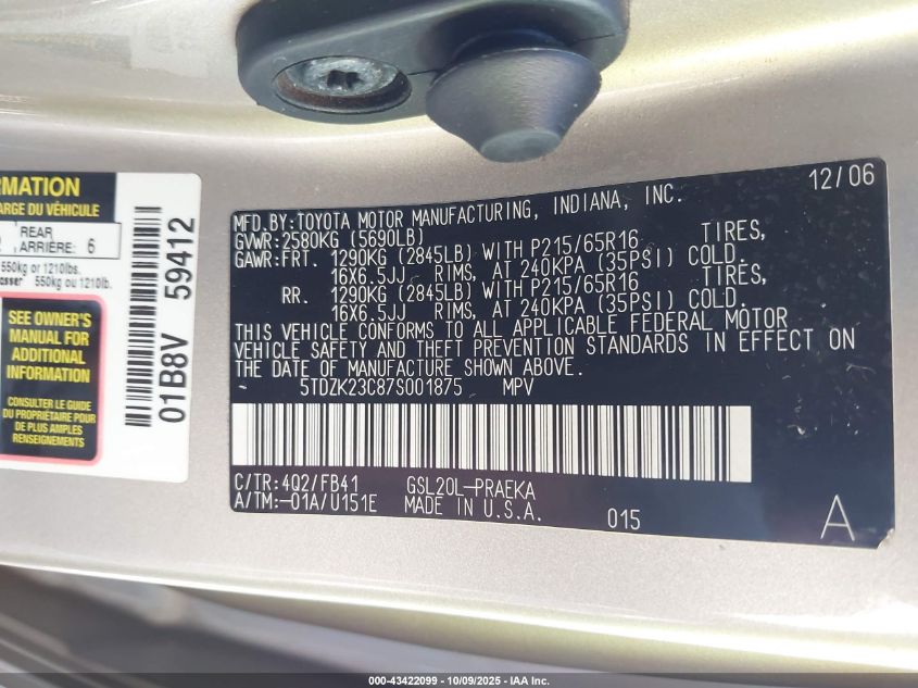 2007 Toyota Sienna Ce/Le VIN: 5TDZK23C87S001875 Lot: 43422099