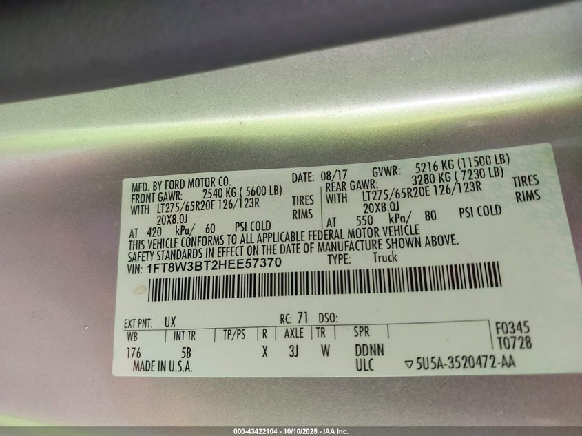 1FT8W3BT2HEE57370 2017 FORD F350 photo no. 9