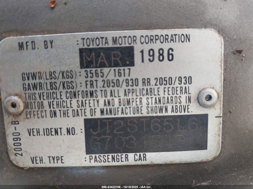 1986 Toyota Celica Gt-S VIN: JT2ST65L6G7031513 Lot: 43422106