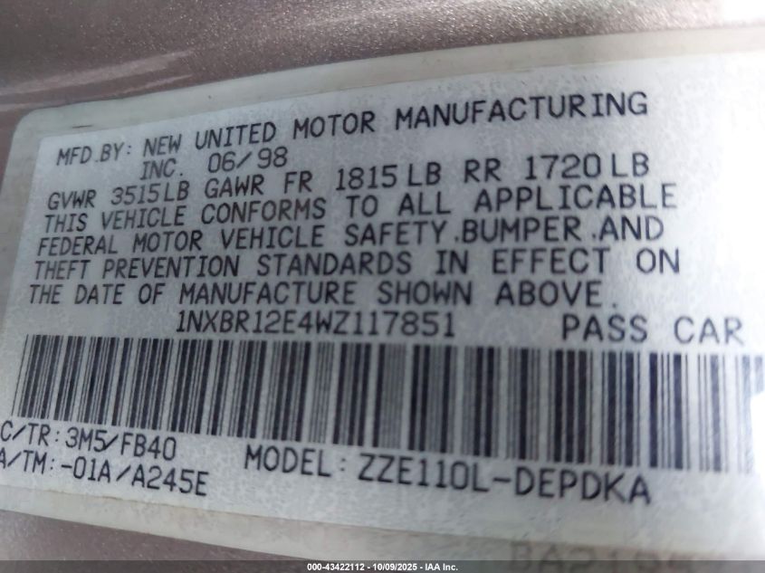 1998 Toyota Corolla Ce VIN: 1NXBR12E4WZ117851 Lot: 43422112