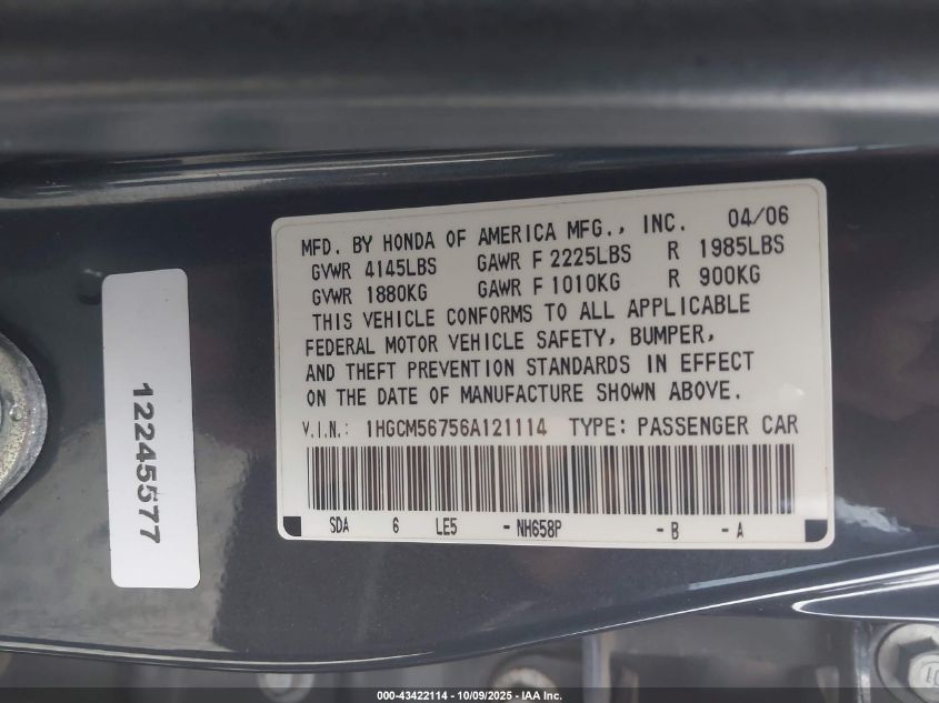 2006 Honda Accord 2.4 Ex VIN: 1HGCM56756A121114 Lot: 43422114