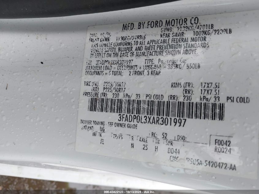 2010 Ford Fusion Hybrid VIN: 3FADP0L3XAR301997 Lot: 43422123