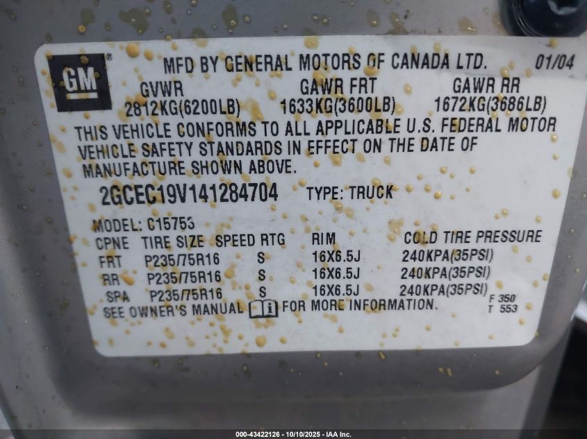 2004 Chevrolet Silverado 1500 Ls VIN: 2GCEC19V141284704 Lot: 43422126