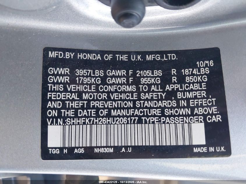 2017 Honda Civic Lx VIN: SHHFK7H26HU206177 Lot: 43422129