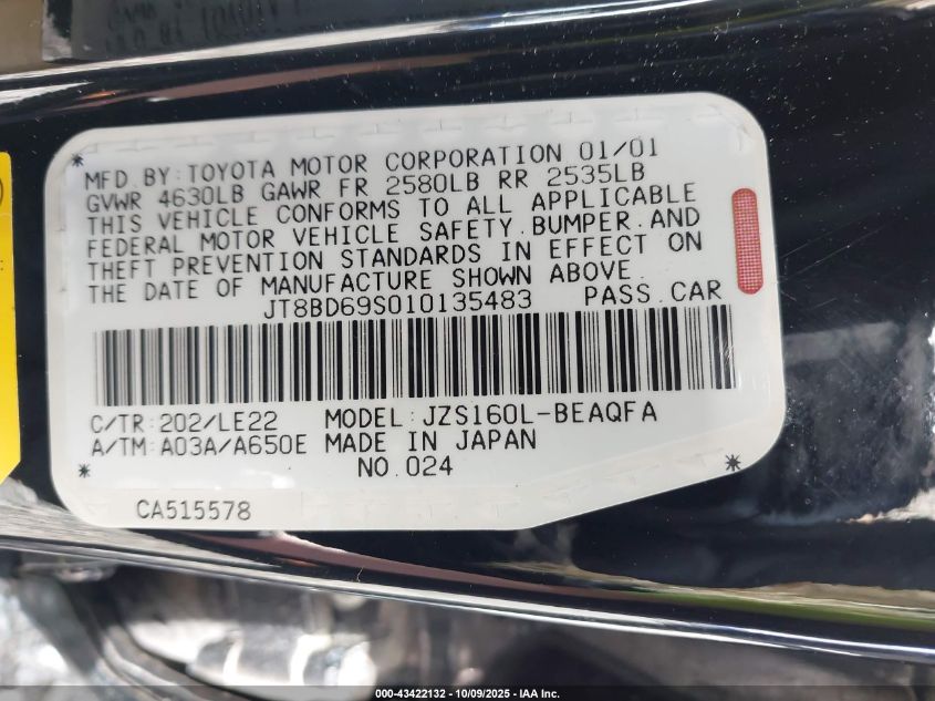 2001 Lexus Gs 300 VIN: JT8BD69S010135483 Lot: 43422132