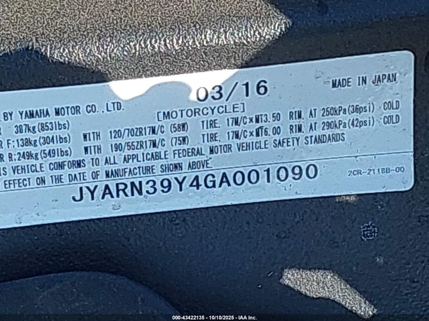 2016 Yamaha Yzfr1 C VIN: JYARN39Y4GA001090 Lot: 43422135