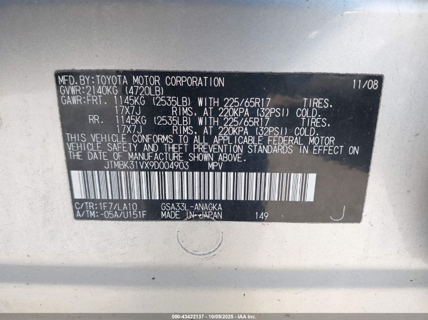 2009 Toyota Rav4 Limited V6 VIN: JTMBK31VX9D004903 Lot: 43422137