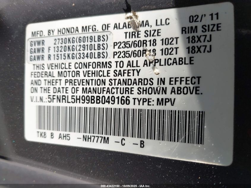 2011 Honda Odyssey Touring/Touring Elite VIN: 5FNRL5H99BB049166 Lot: 43422150
