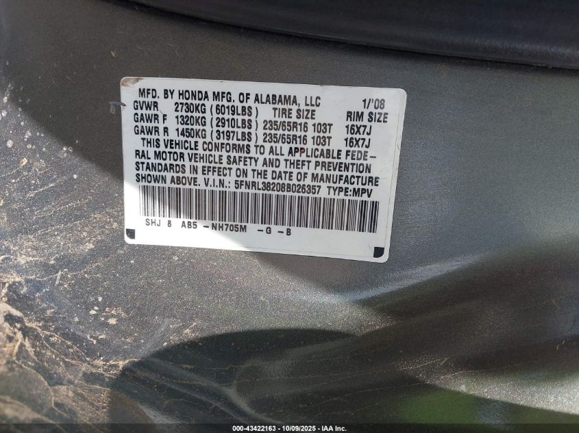 2008 Honda Odyssey Lx VIN: 5FNRL38208B026357 Lot: 43422163