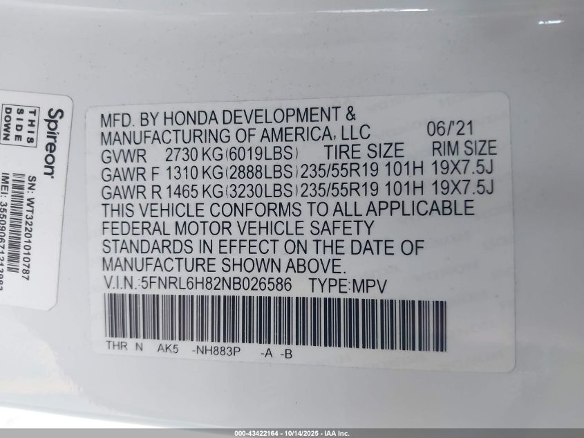 2022 Honda Odyssey Touring VIN: 5FNRL6H82NB026586 Lot: 43422164