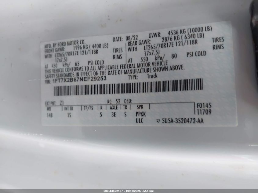 2022 Ford F-250 Xl VIN: 1FT7X2B67NEF29253 Lot: 43422167