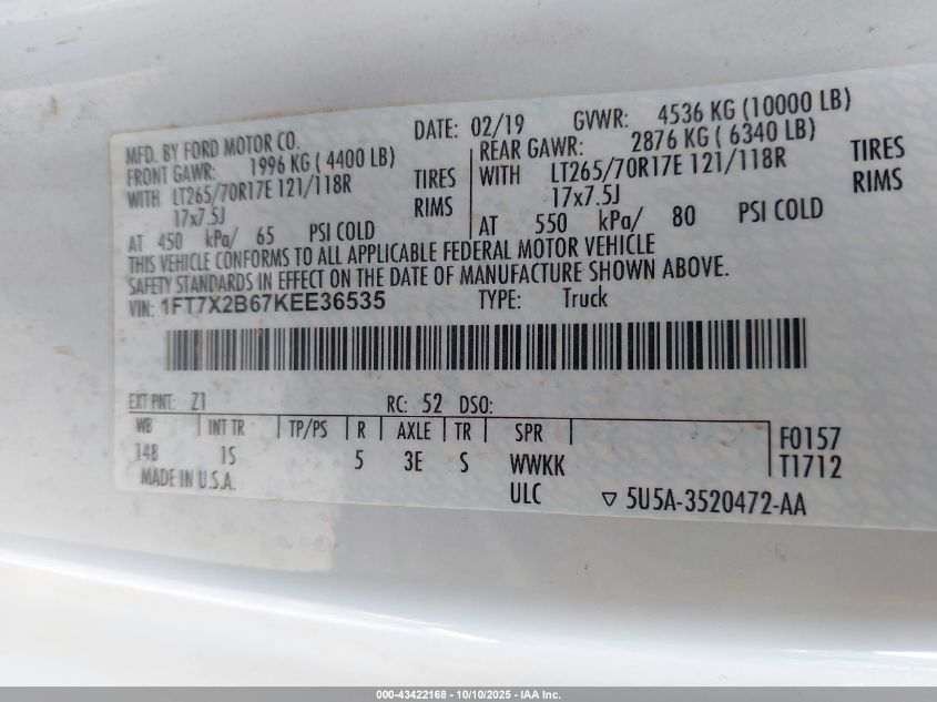 2019 Ford F-250 Xl VIN: 1FT7X2B67KEE36535 Lot: 43422168