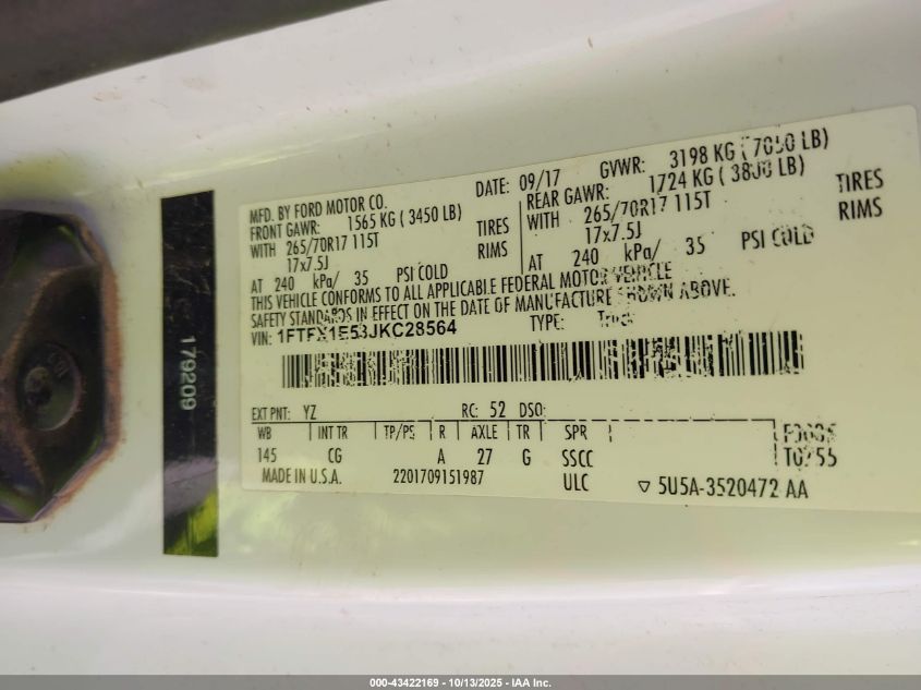 2018 Ford F-150 Xl VIN: 1FTFX1E53JKC28564 Lot: 43422169