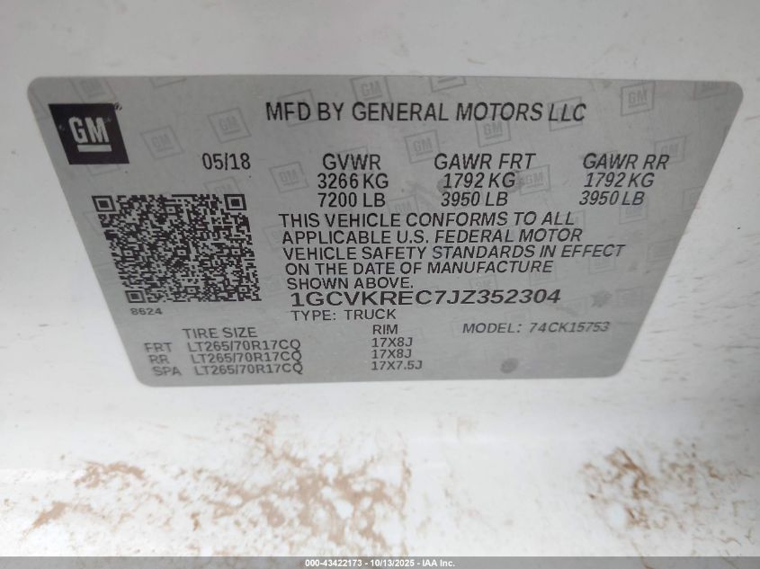 2018 Chevrolet Silverado 1500 1Lt VIN: 1GCVKREC7JZ352304 Lot: 43422173