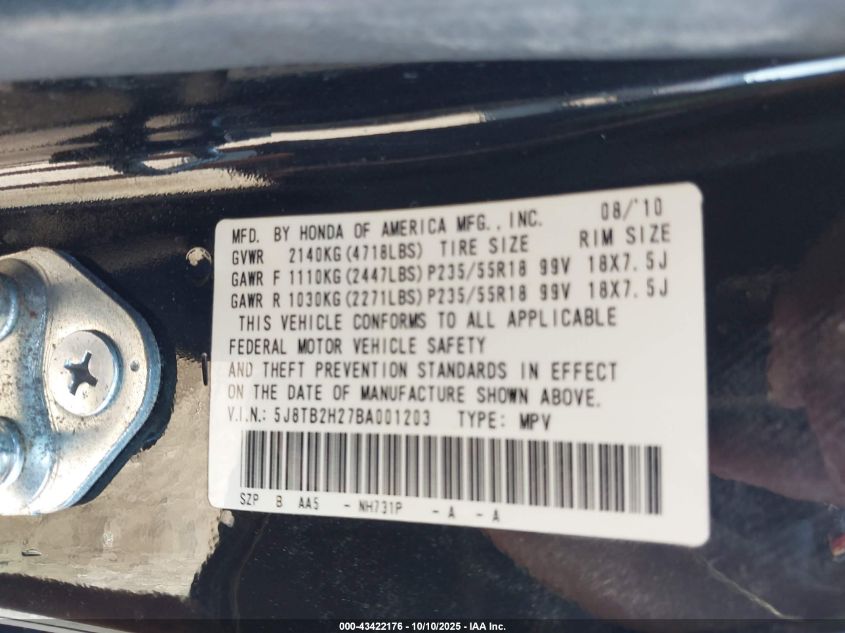 2011 Acura Rdx VIN: 5J8TB2H27BA001203 Lot: 43422176