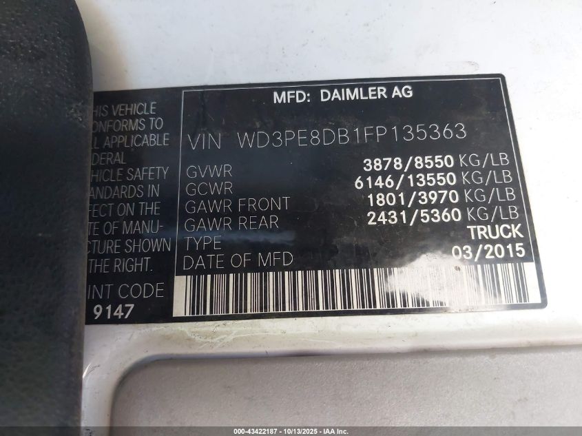 2015 Mercedes-Benz Sprinter 2500 High Roof VIN: WD3PE8DB1FP135363 Lot: 43422187