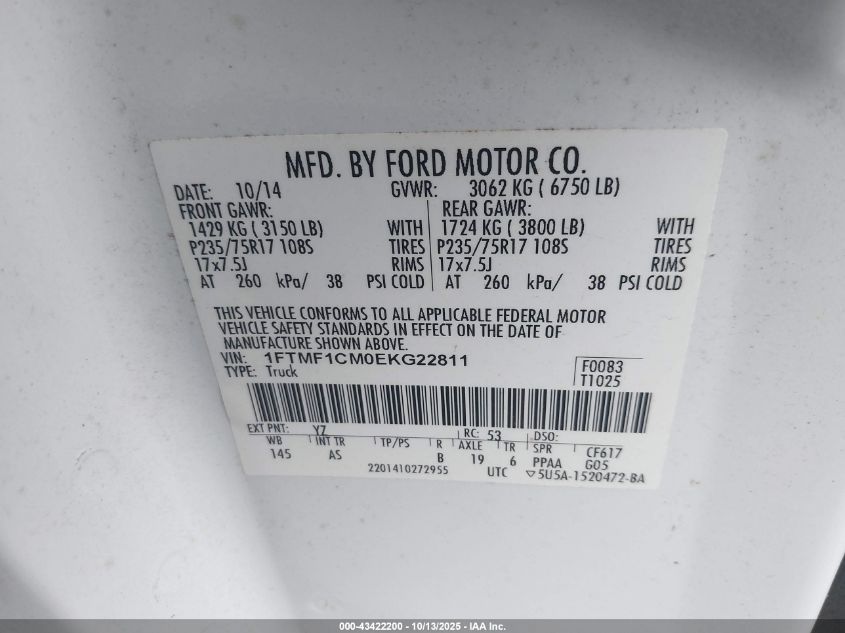 2014 Ford F-150 Xl VIN: 1FTMF1CM0EKG22811 Lot: 43422200