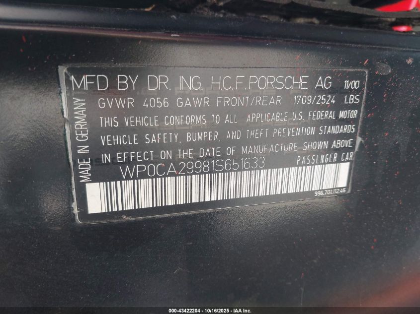 2001 Porsche 911 Carrera/Carrera 4 VIN: WP0CA29981S651633 Lot: 43422204