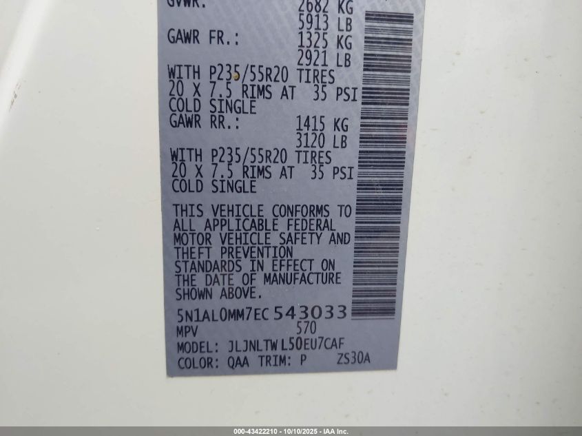 2014 Infiniti Qx60 VIN: 5N1AL0MM7EC543033 Lot: 43422210