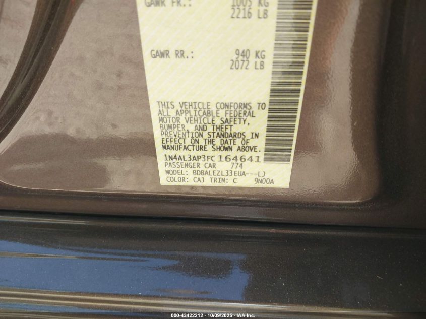 2015 Nissan Altima 2.5 S VIN: 1N4AL3AP3FC164641 Lot: 43422212