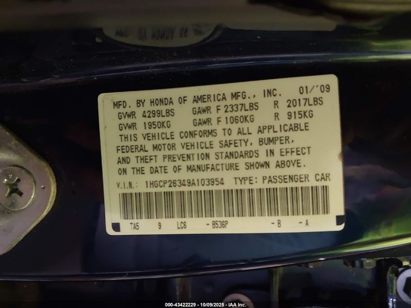 2009 Honda Accord 2.4 Lx VIN: 1HGCP26349A103954 Lot: 43422229