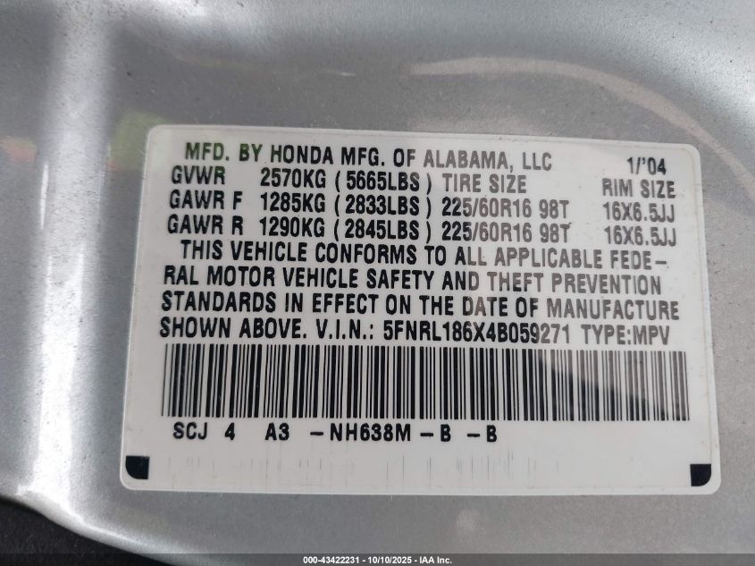 2004 Honda Odyssey Ex VIN: 5FNRL186X4B059271 Lot: 43422231