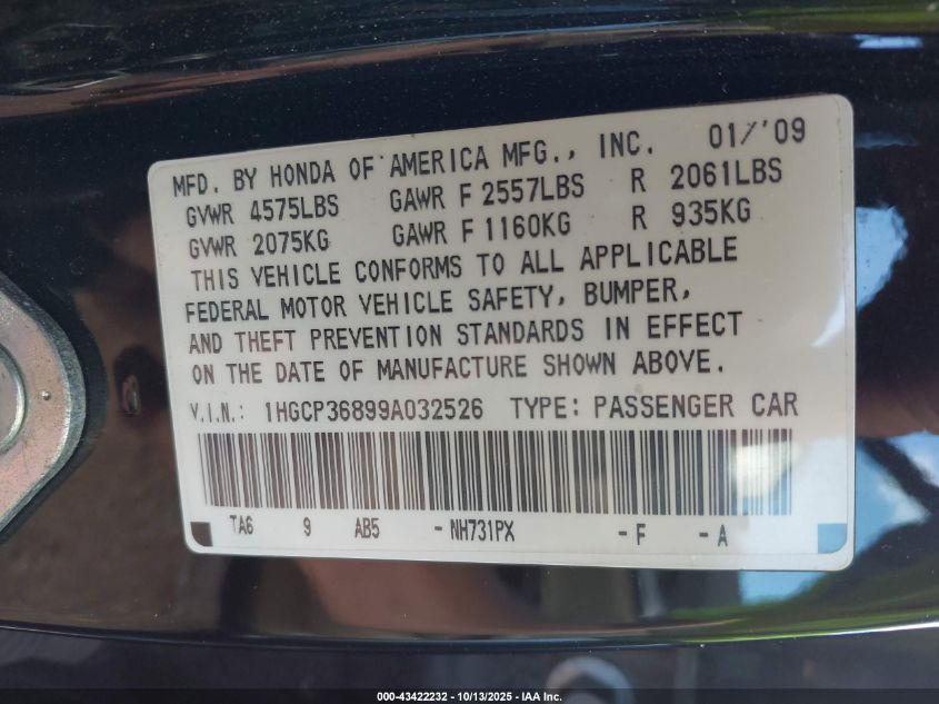 2009 Honda Accord 3.5 Ex-L VIN: 1HGCP36899A032526 Lot: 43422232