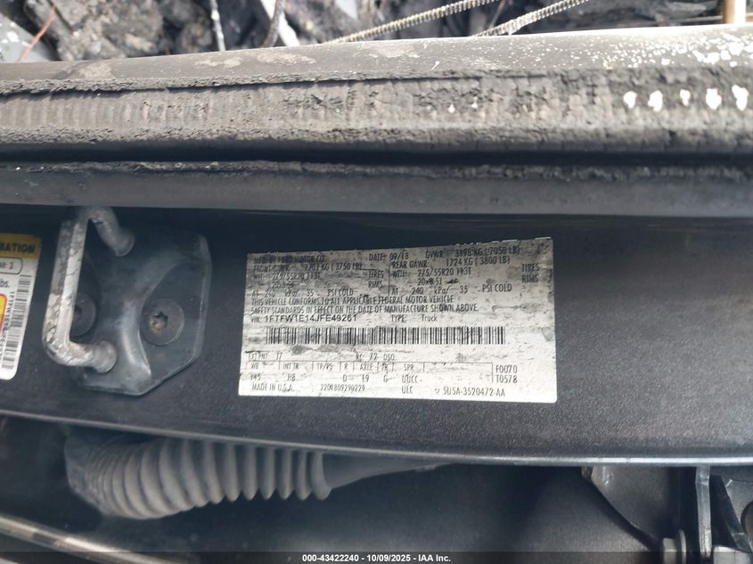 2018 Ford F-150 Lariat VIN: 1FTFW1E14JFE49261 Lot: 43422240