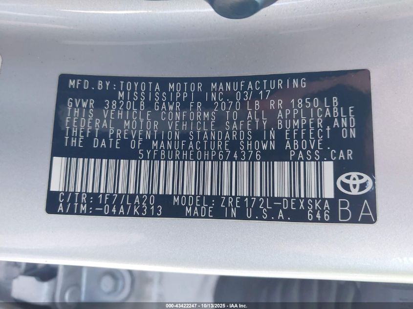 2017 Toyota Corolla Xse VIN: 5YFBURHE0HP674376 Lot: 43422247