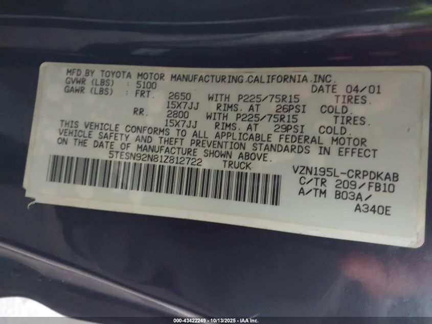 2001 Toyota Tacoma Prerunner V6 VIN: 5TESN92N81Z812722 Lot: 43422249