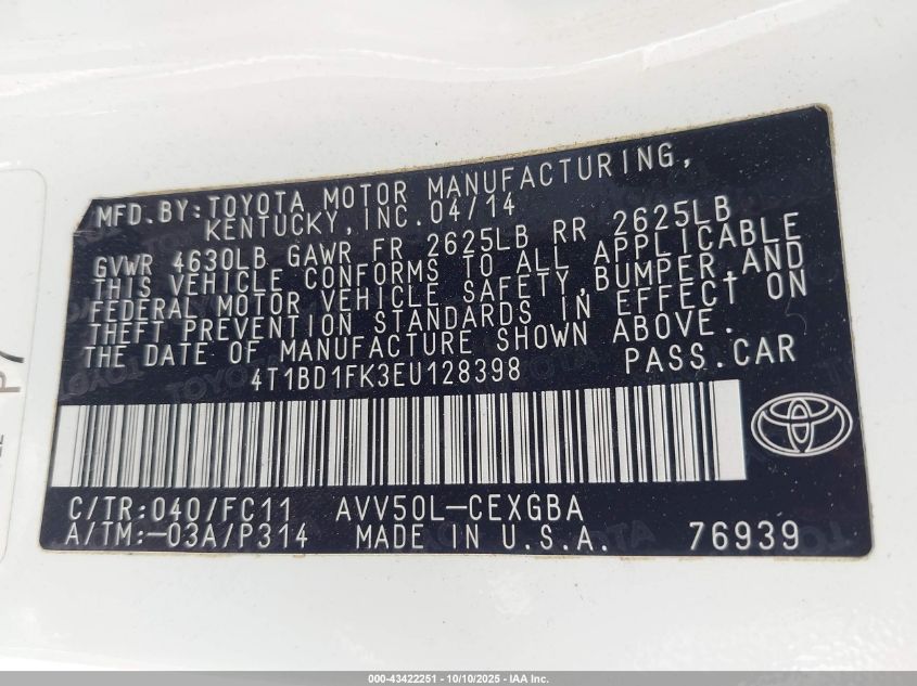 2014 Toyota Camry Hybrid Xle VIN: 4T1BD1FK3EU128398 Lot: 43422251