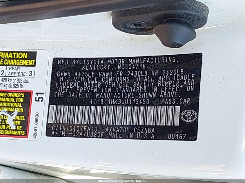 2018 Toyota Camry Le VIN: 4T1B11HK3JU113450 Lot: 43422254