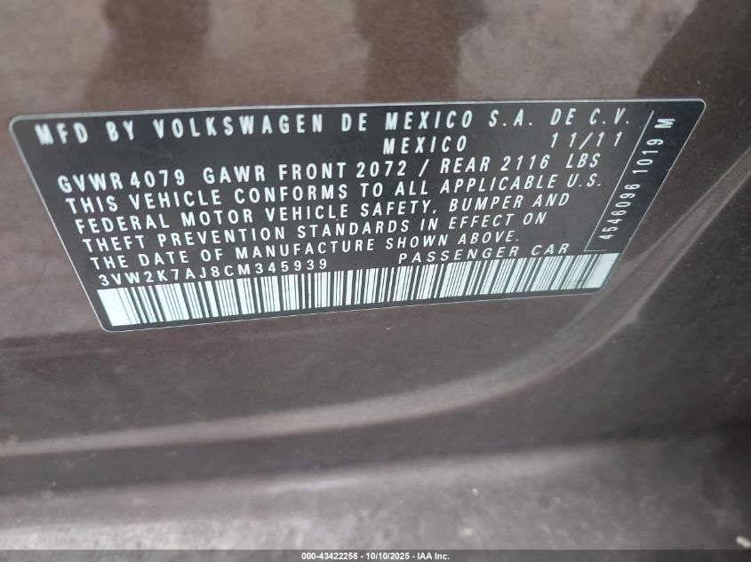2012 Volkswagen Jetta 2.0L Base/2.0L S VIN: 3VW2K7AJ8CM345939 Lot: 43422256