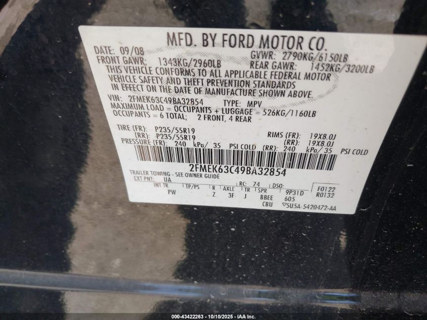 2009 Ford Flex Limited VIN: 2FMEK63C49BA32854 Lot: 43422263
