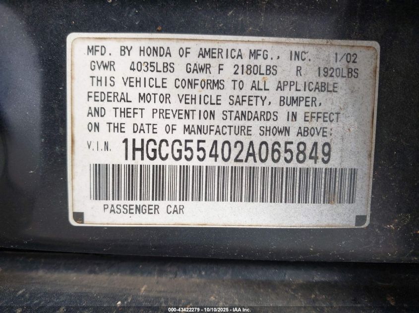 2002 Honda Accord 2.3 Lx VIN: 1HGCG55402A065849 Lot: 43422279