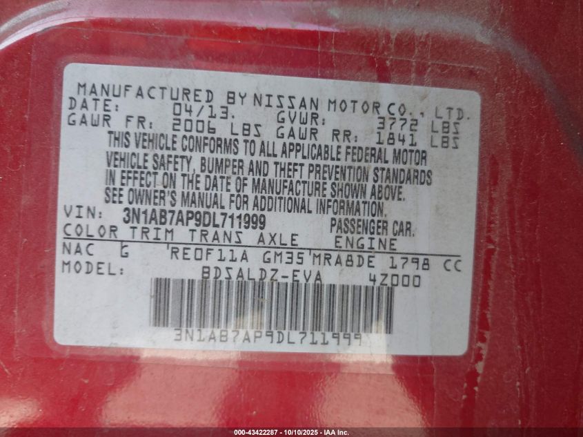 2013 Nissan Sentra Sv VIN: 3N1AB7AP9DL711999 Lot: 43422287