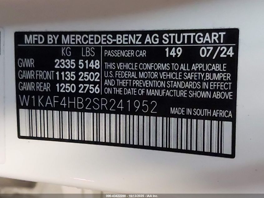 2025 Mercedes-Benz C 300 VIN: W1KAF4HB2SR241952 Lot: 43422288