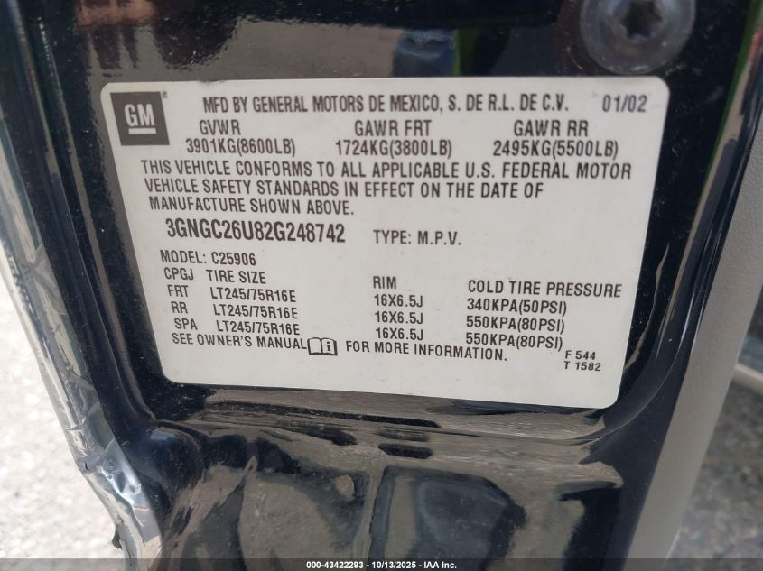 2002 Chevrolet Suburban 2500 Lt VIN: 3GNGC26U82G248742 Lot: 43422293