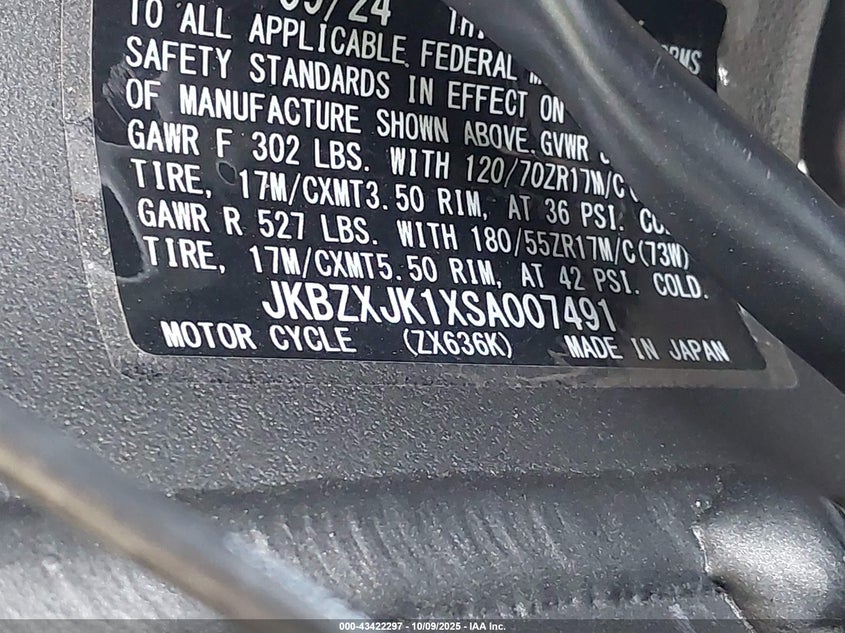 2025 Kawasaki Zx636 K VIN: JKBZXJK1XSA007491 Lot: 43422297