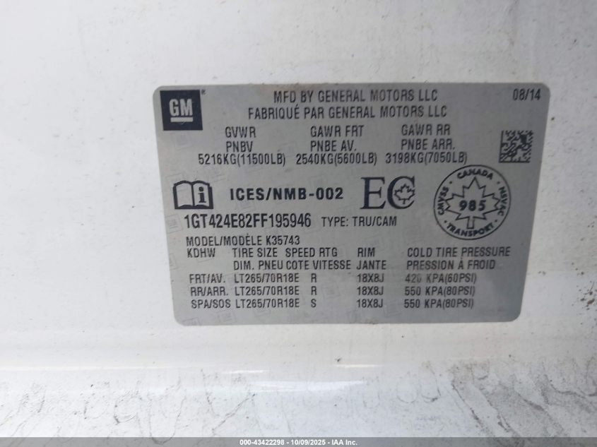 2015 GMC Sierra 3500Hd Denali VIN: 1GT424E82FF195946 Lot: 43422298