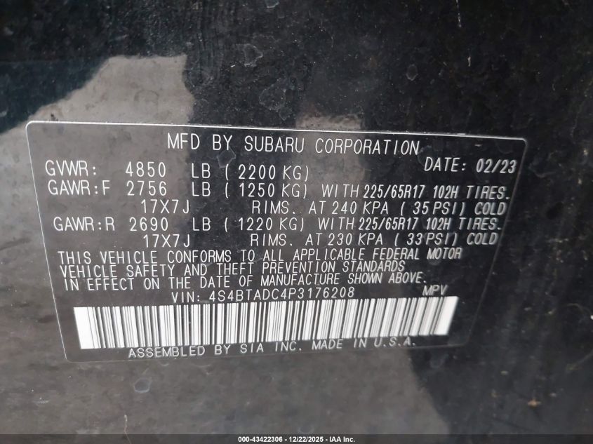 2023 Subaru Outback Premium VIN: 4S4BTADC4P3176208 Lot: 43422306