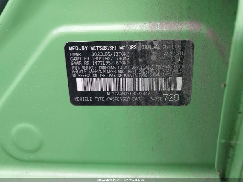 2014 Mitsubishi Mirage Es VIN: ML32A4HJ3EH003349 Lot: 43422311