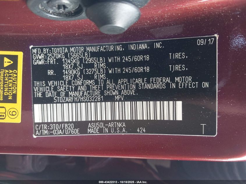 2017 Toyota Highlander Le VIN: 5TDZARFH7HS032281 Lot: 43422313