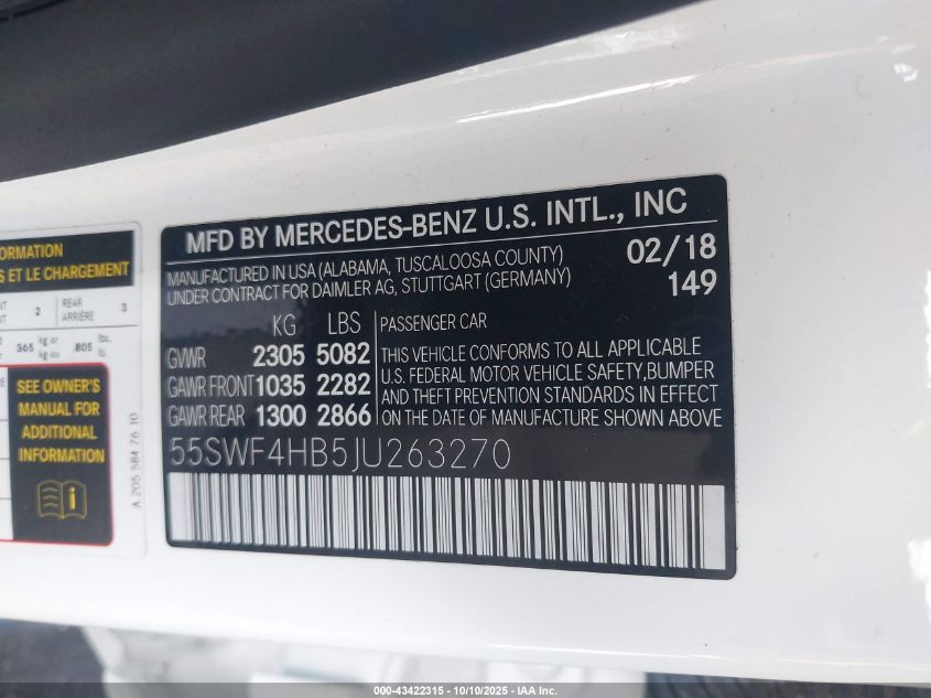 2018 Mercedes-Benz C 350E VIN: 55SWF4HB5JU263270 Lot: 43422315