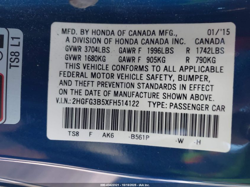 2015 Honda Civic Lx VIN: 2HGFG3B5XFH514122 Lot: 43422321