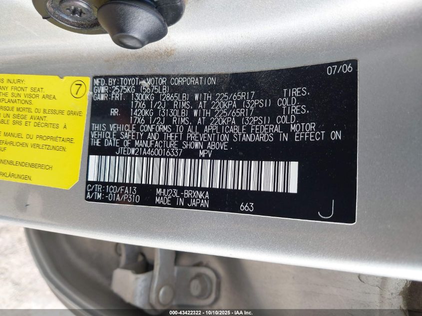 2006 Toyota Highlander Hybrid V6 VIN: JTEDW21A460016337 Lot: 43422322